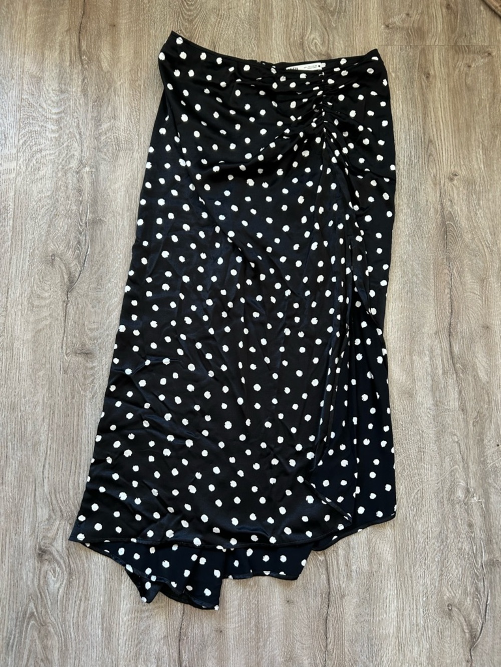 Zara Black Maxi Skirt with White Polka Dots and Side Slit